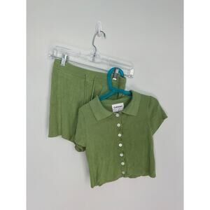 Callahan‎ Knitwear Two Piece Set Women S Ribbed Green Button Top Shorts